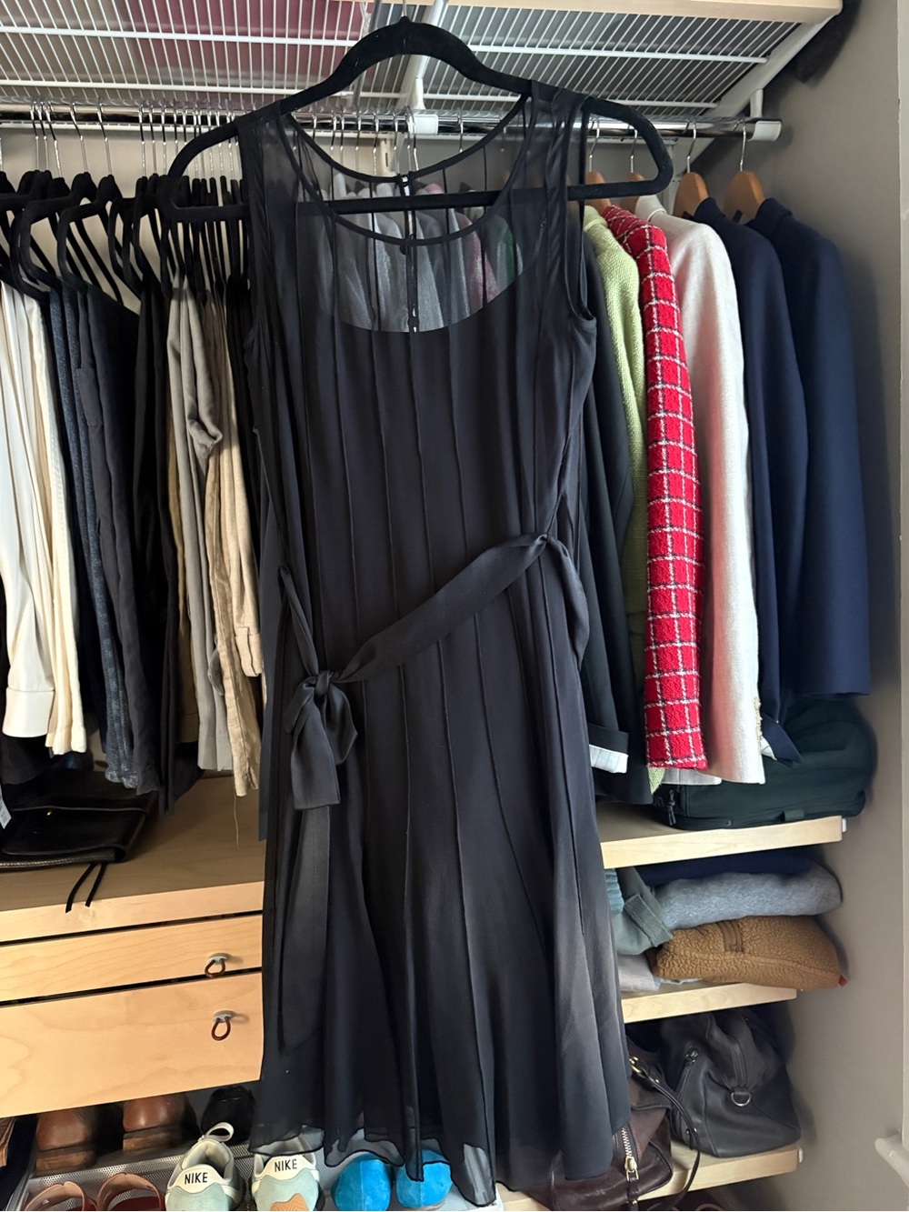 Calvin Klein Black Sleeveless Pleated Chiffon Dress with Tie